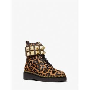 NEW MICHAEL KORS women's haskell studded leopard calf hair combat boots in butte